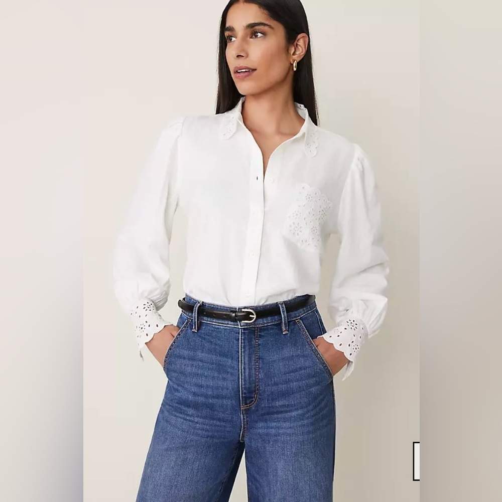 Ann Taylor Elegant White Eyelet Blouse Classic Size M NWT - Picture 4 of 15